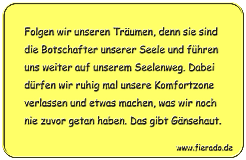 Blechschild 198: Folgen wir unseren Träumen, denn sie sind die Botschafter unserer Seele und führen uns
          weiter auf unserem Seelenweg. Dabei dürfen wir ruhig mal unsere Komfortzone verlassen und etwas machen, was
          wir noch nie zuvor getan haben. Das gibt Gänsehaut.