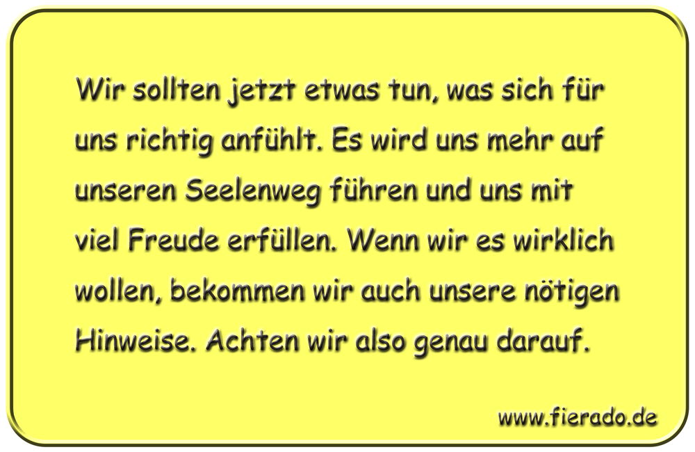 Blechschild 202: Wir sollten jetzt etwas tun, was sich für uns richtig anfühlt. Es wird uns mehr auf
          unseren Seelenweg führen und uns mit viel Freude erfüllen. Wenn wir es wirklich wollen, bekommen wir auch
          unsere nötigen Hinweise. Achten wir also genau darauf.